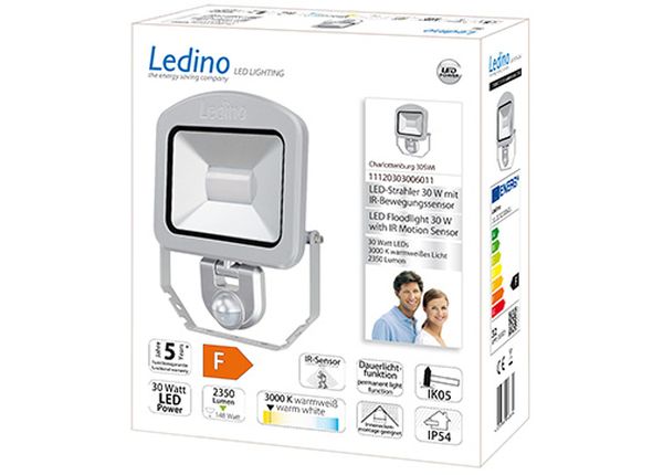 Ledino 11120303006011 LED Strahler 30Watt mit Sensor 3000K IP54 silber Charlottenburg 30SWI