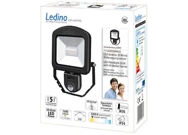 Ledino 11120203006022 LED Strahler 20Watt mit Sensor 3000K IP54 schwarz Charlottenburg 20BWI